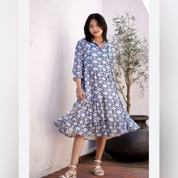 Dolma Cotton Blue and White Midi Dress Size Small - Picture 1 of 11